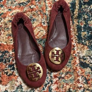 Tory Burch Maroon Flats with Gold Logo